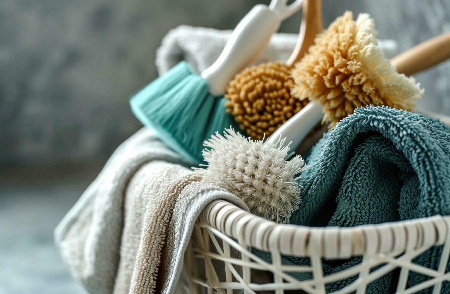 AI generated a white basket with scrub brushes and cleaning towels photo