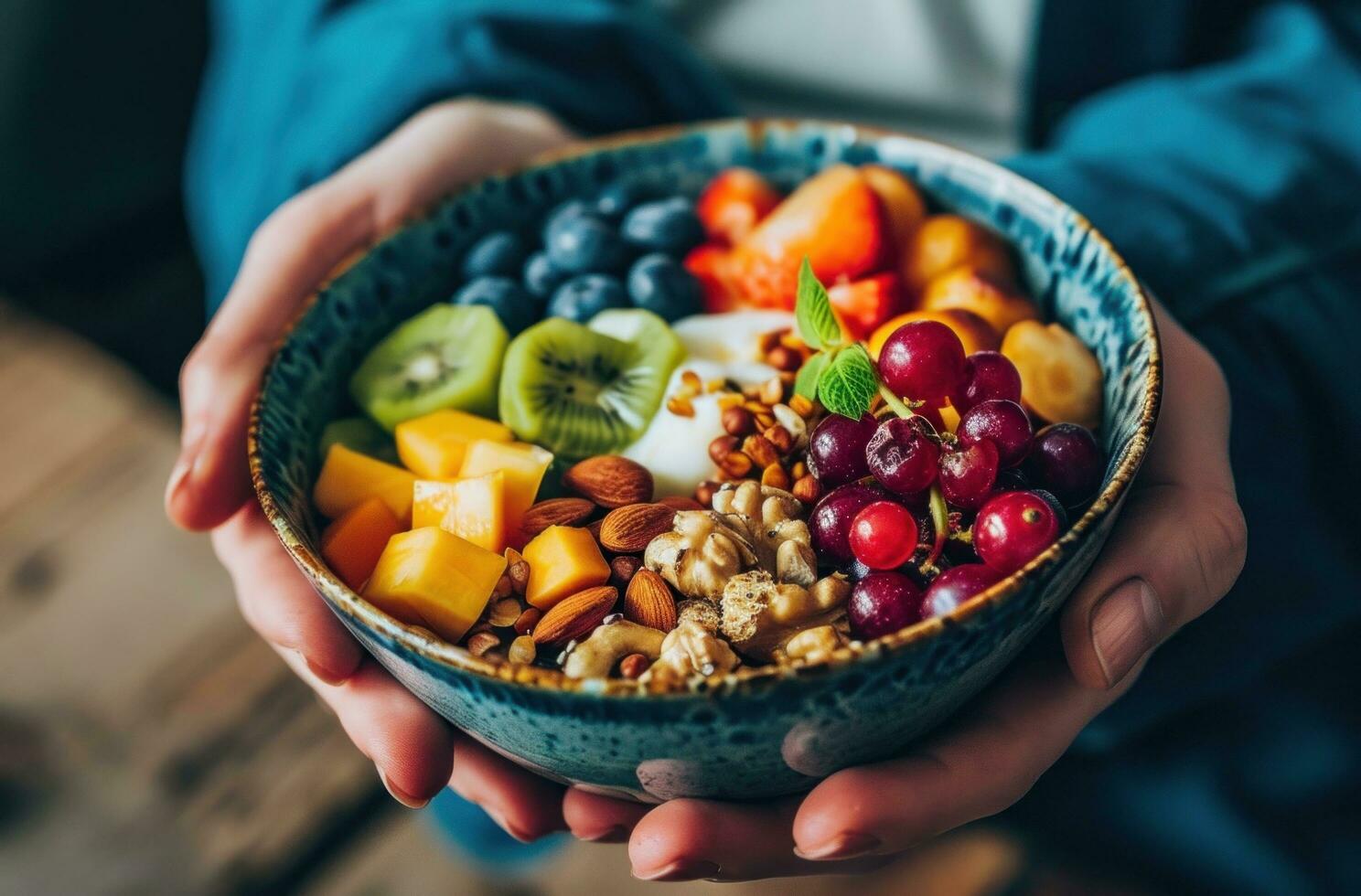 AI generated a person holding up a bowl with fruit and nuts photo