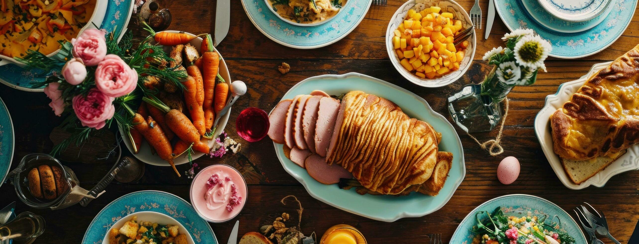 ai generado un mesa de Pascua de Resurrección alimento, incluso jamón, panqueques foto