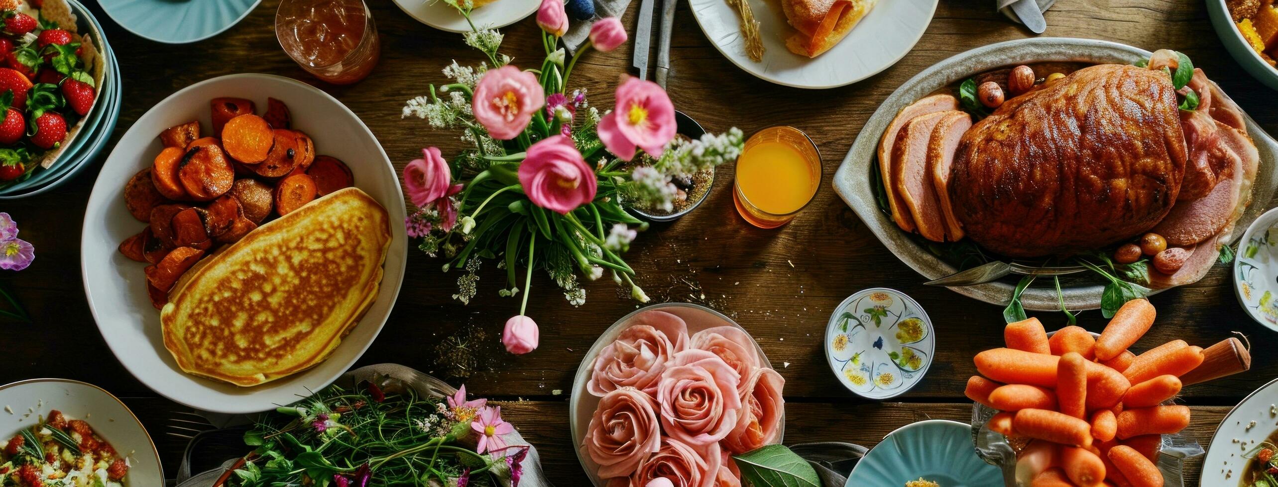 AI generated a table of easter food, including ham, pancakes photo