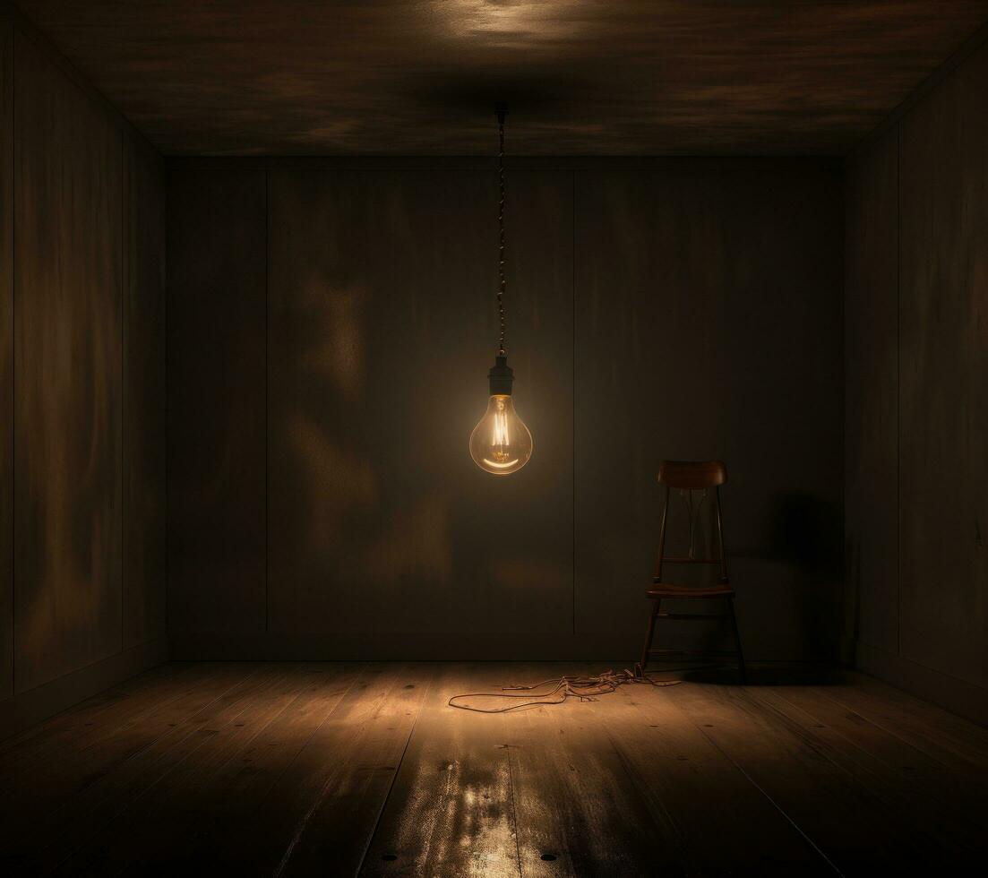 AI generated dark room with a light bulb hanging over a dark room photo