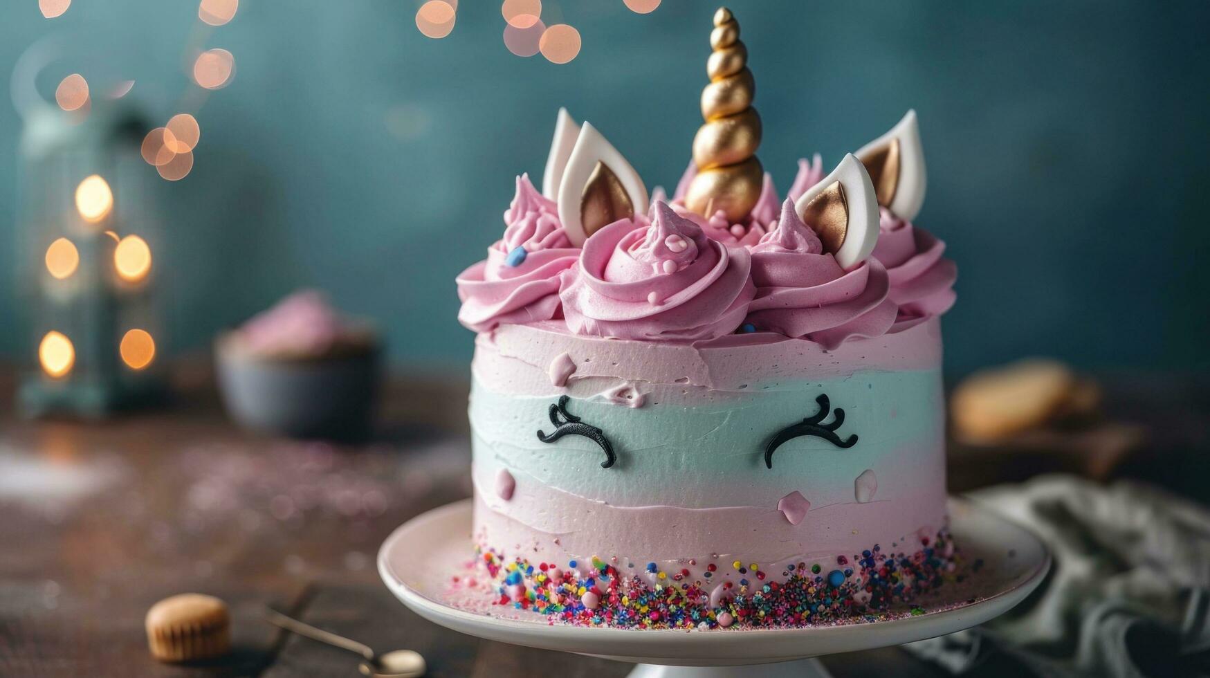 AI generated A Unicorn Cake with Pink Frosting and copy space photo