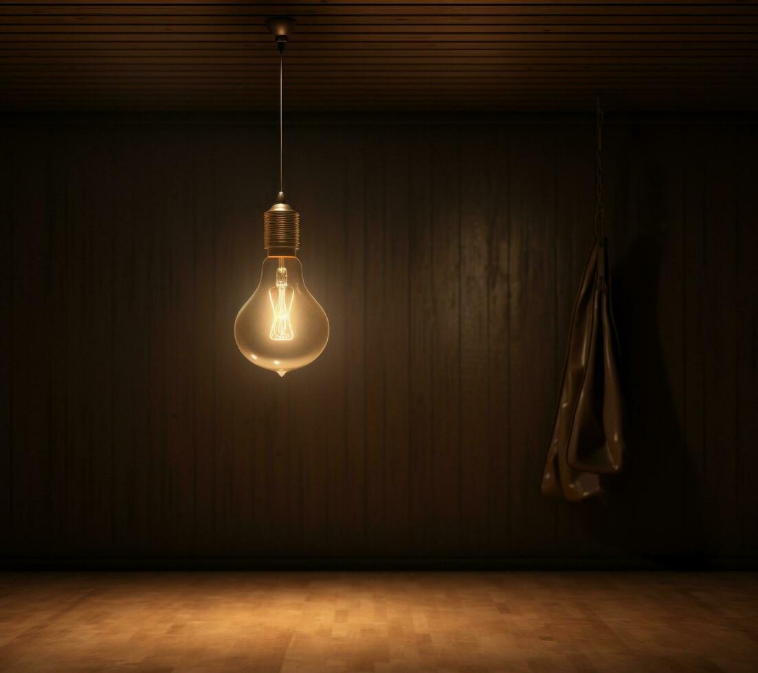 AI generated dark room with a light bulb hanging over a dark room photo