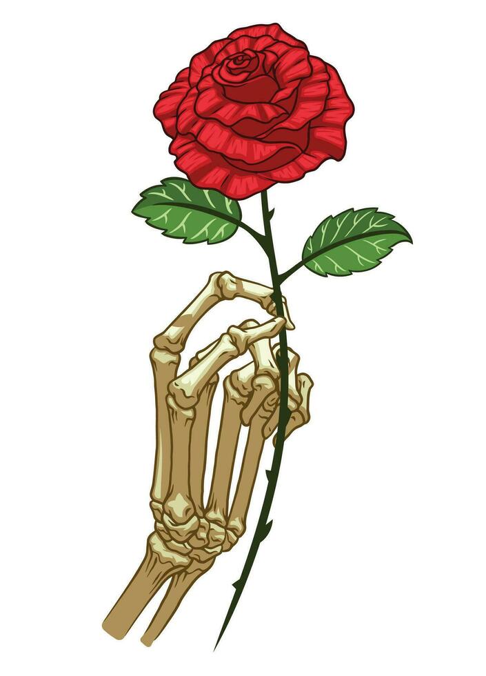 Skeleton Hand Holding a Rose Hand Drawn vector