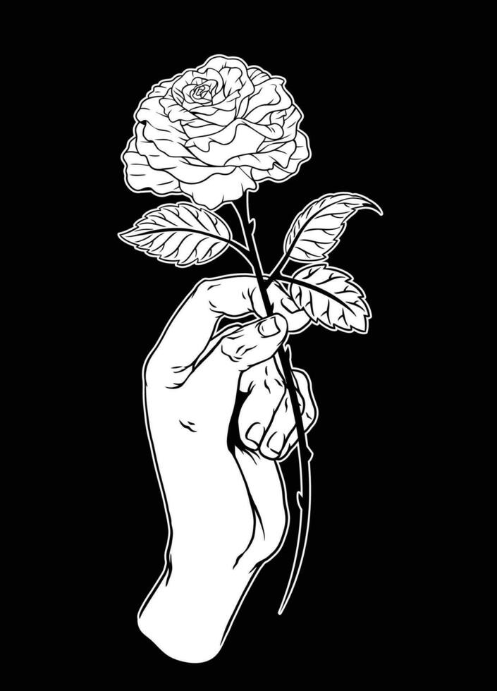 Hand Holding Rose Hand Drawn on Black Background vector