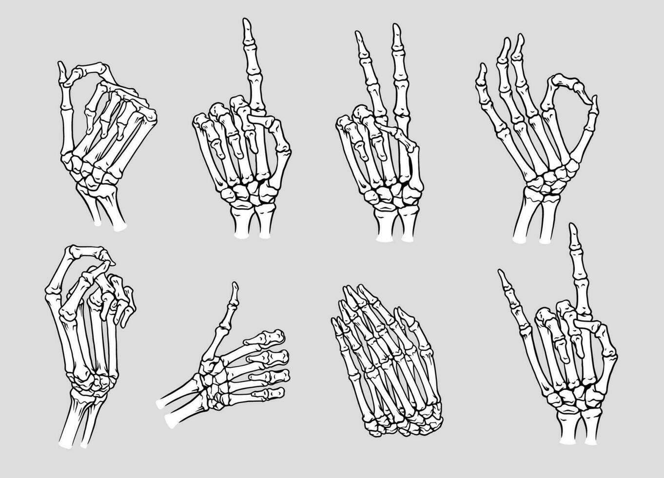 conjunto de varios esqueleto mano con diferente actitud vector