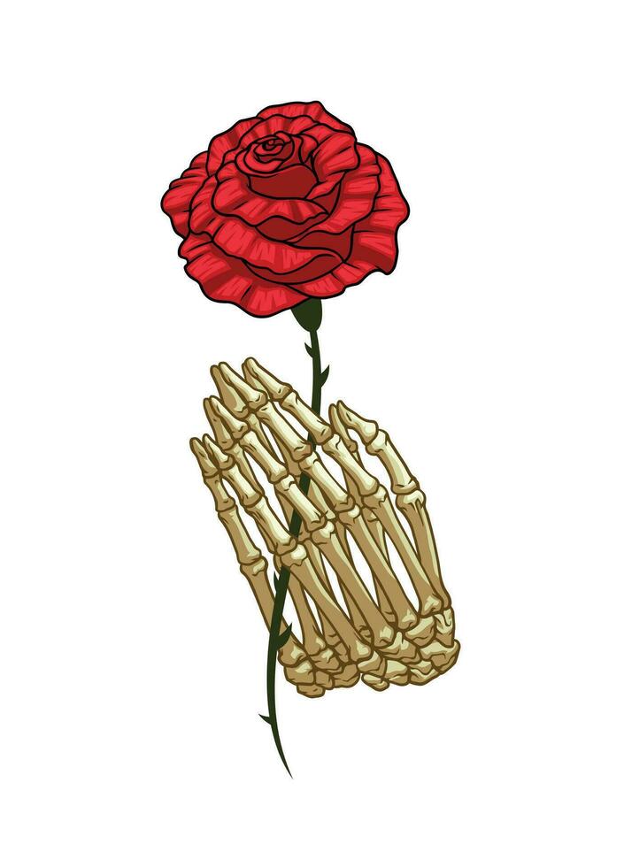 Hand Drawn Illustration of Bone Hand Holding a Red Rose vector