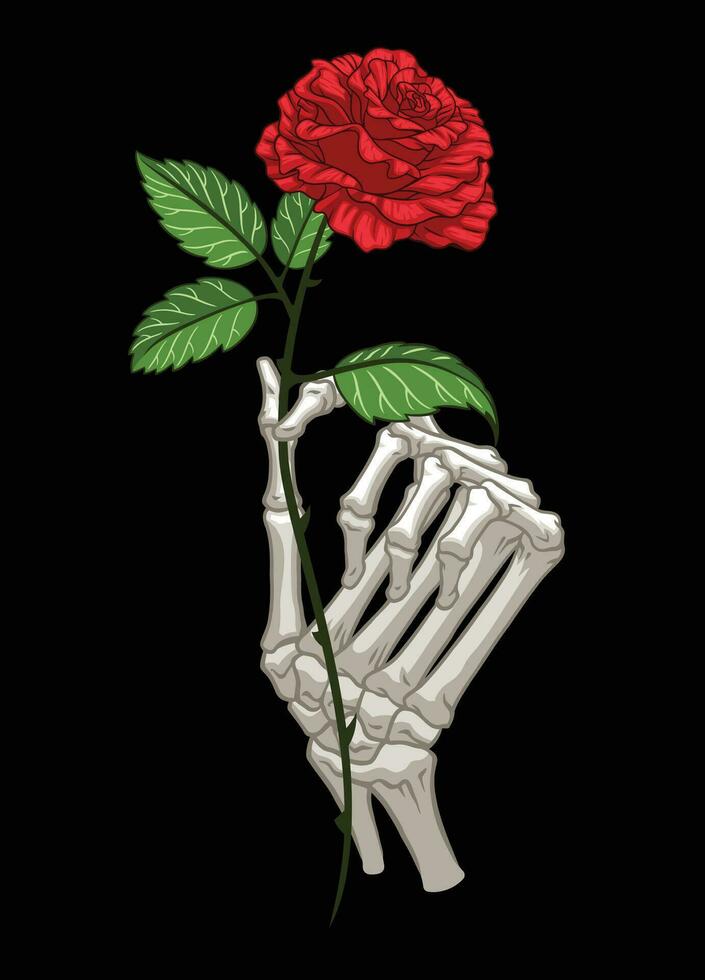 Skeleton Hand Holding a Red Rose in Black Background vector