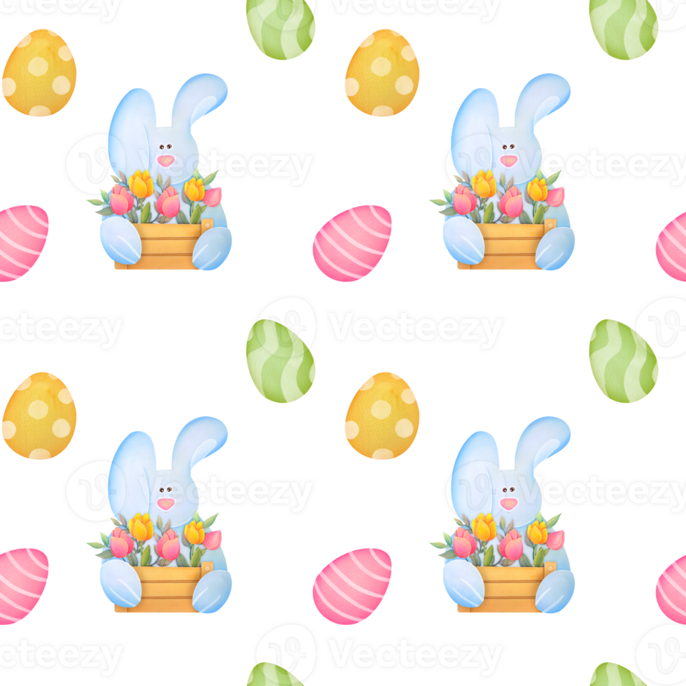 Cute Easter bunny with basket of flowers, Easter colored eggs. children s watercolor seamless pattern on transparent background. Happy Easter Greeting card with spring flowers, funny bunny png
