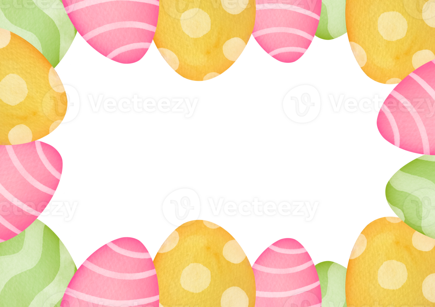 bright postcard for Easter holiday with flowers, eggs, happy Easter inscription, copy space. Clipart frame, border, watercolor illustration on transparent background with empty space for inscription png