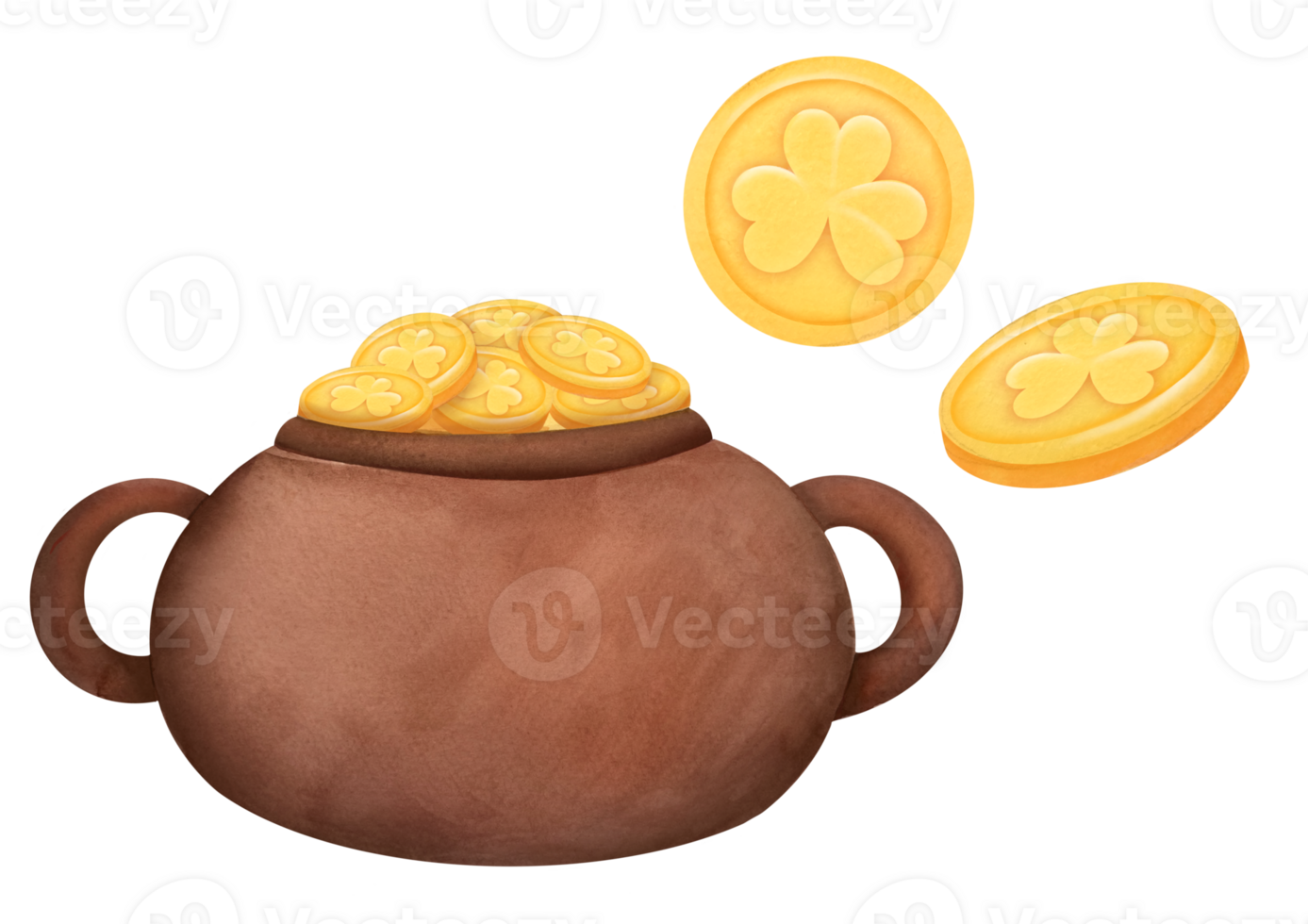 magic pot with gold coins with image of clover. Watercolor illustration on transparent background for Irish holiday of St. Patrick's Day on March 17. clipart and cut out elements png