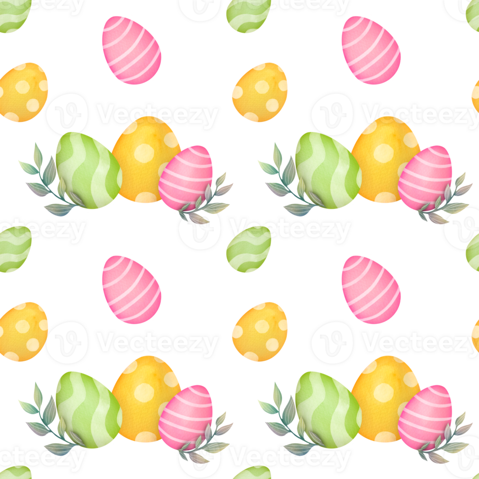 seamless pattern with plants, branches, eggs. happy Easter greeting card. bright cute Clipart, Paschal illustration on transparent background in watercolor style. Christian church holiday Easter png