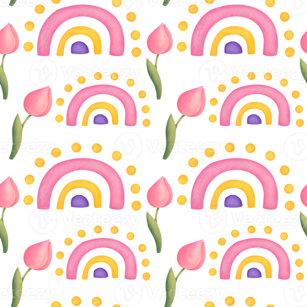 cute watercolor childish Seamless pattern with rainbow, pink flowers tulips in pastel colors on transparent background. Design for children s textiles,  wallpapers in kindergarten rooms, decorations png