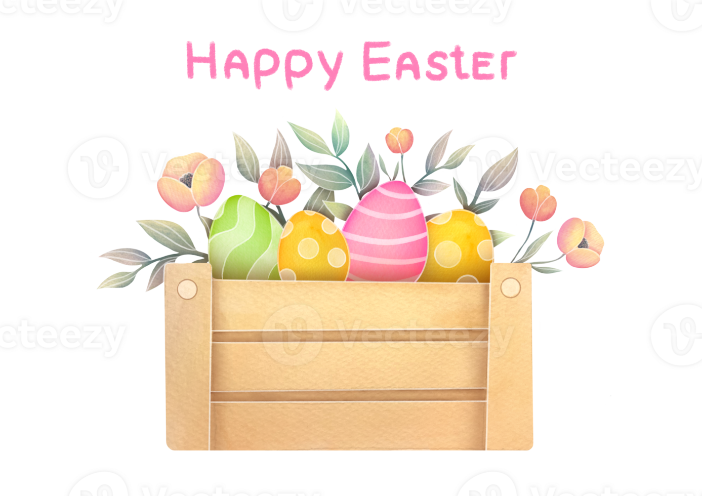 watercolor delicate Happy Easter Greeting card. handwritten text basket, box with spring flowers and brightly colored Easter eggs. Illustration on  transparent background png
