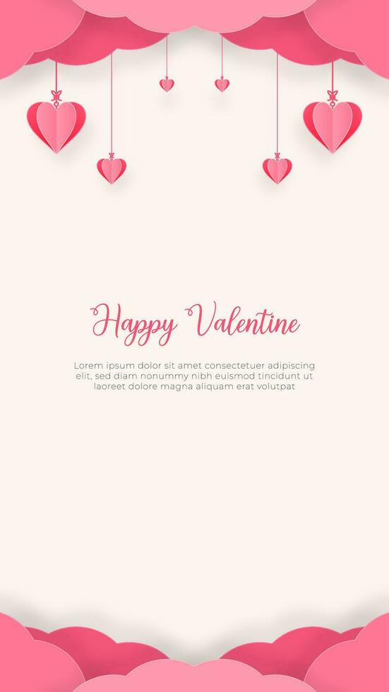 Romantic Cloudscape Background With Heart Shape Hangings Decoration Vertical Valentine Greeting Vector Design
