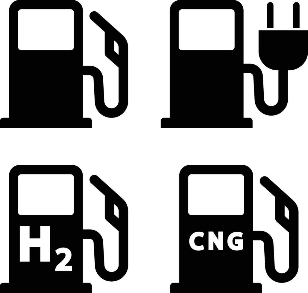 combustible, gas estación íconos o señales en plano colocar. aislado en motor petróleo icono símbolo gasolina combustible gasolina bomba boquilla gas, cargando estación vector para aplicaciones y sitio web