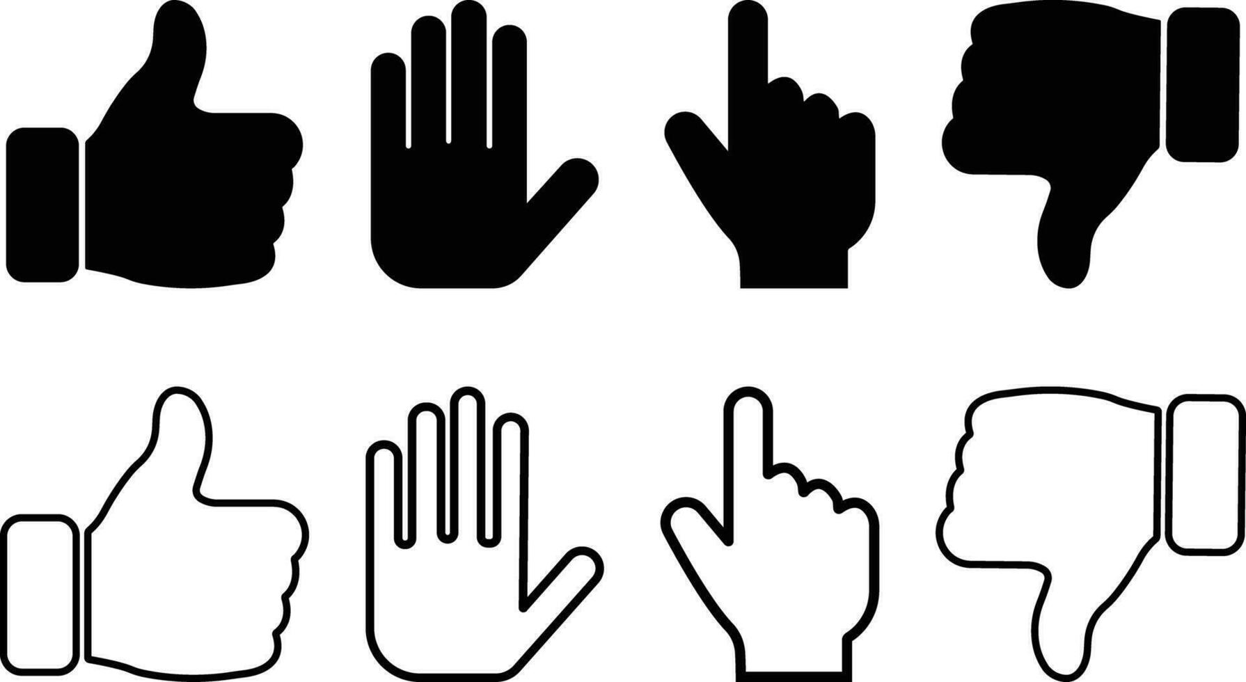 Hand gestures icon set in flat, line style. isolated on Included icons as fingers interaction, thumb up, thumb down, forefinger, hand use for stop symbols. vector apps, website