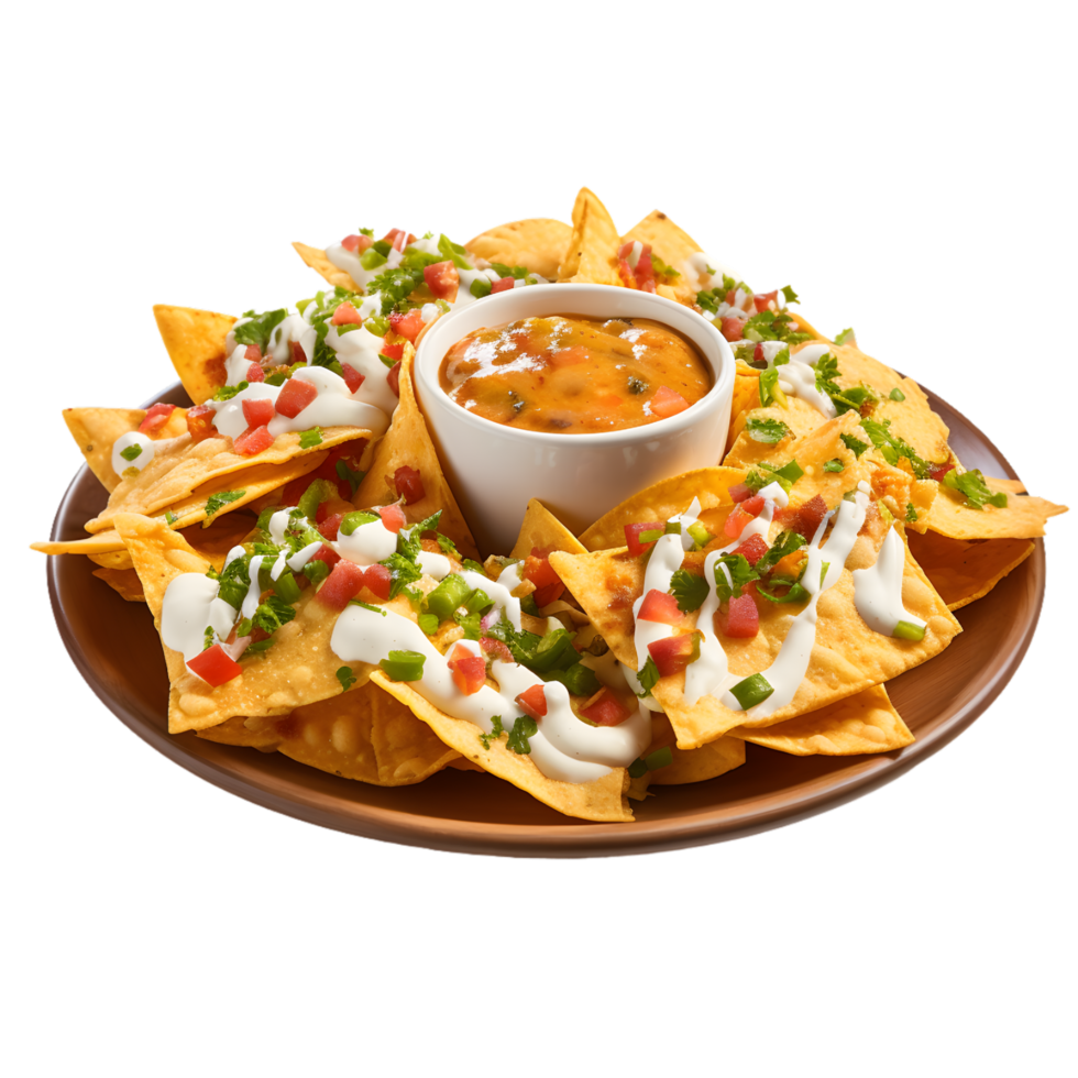 AI generated Plate of Nachos with Cheese Dip on transparent background PNG image