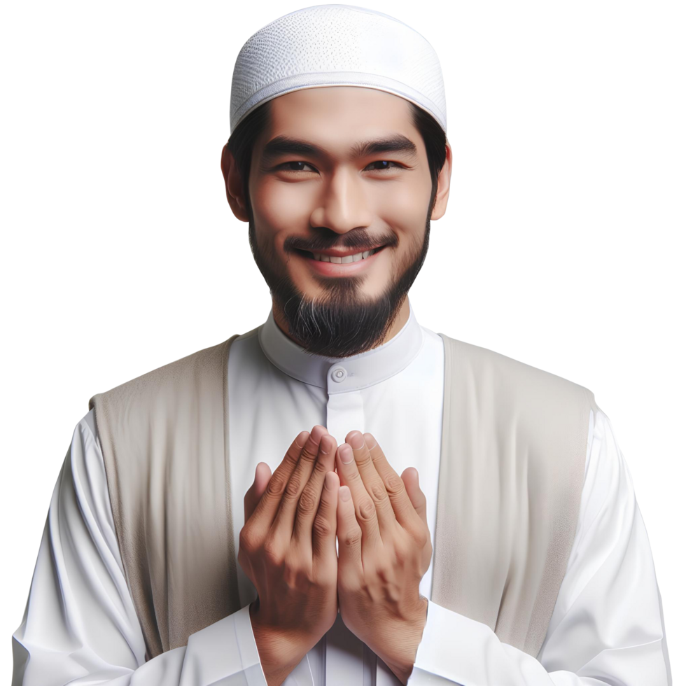 AI generated a Muslim man with praying hands pose with a smiling face png