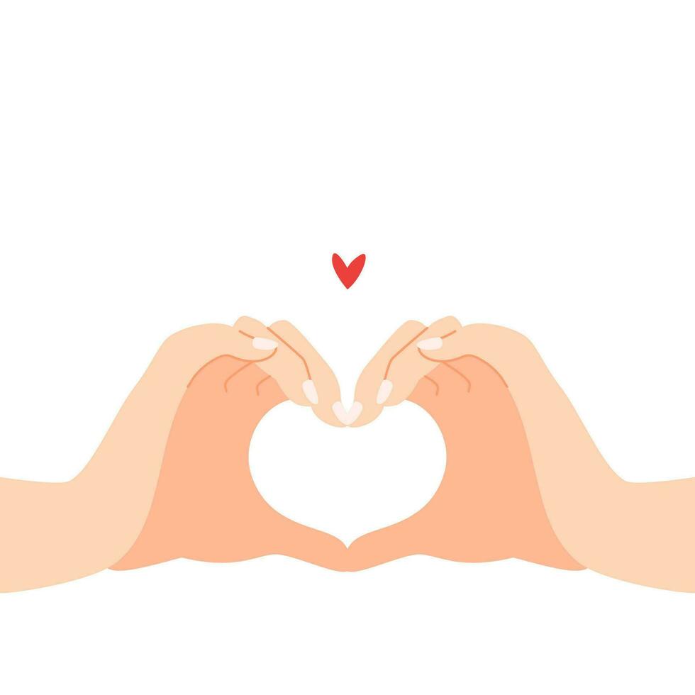 Beautiful hands making a heart shape to express feeling of love cartoon flat vector illustration isolated on white background. Sending romantic feeling with mini heart. Happy Valentine's Day.