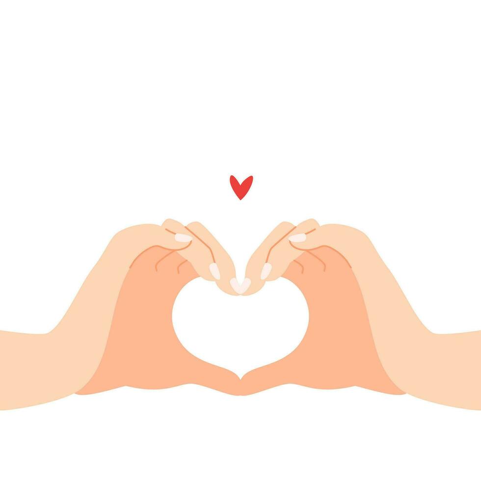 Beautiful hands making a heart shape to express feeling of love cartoon flat vector illustration isolated on white background. Sending romantic feeling with mini heart. Happy Valentine's Day.