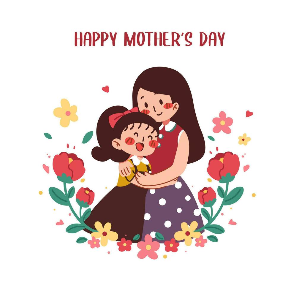 Happy Mother's Day flat vector illustration on white background. Cute little daughter and mom smiling and hugging. Family time being together with floral decoration