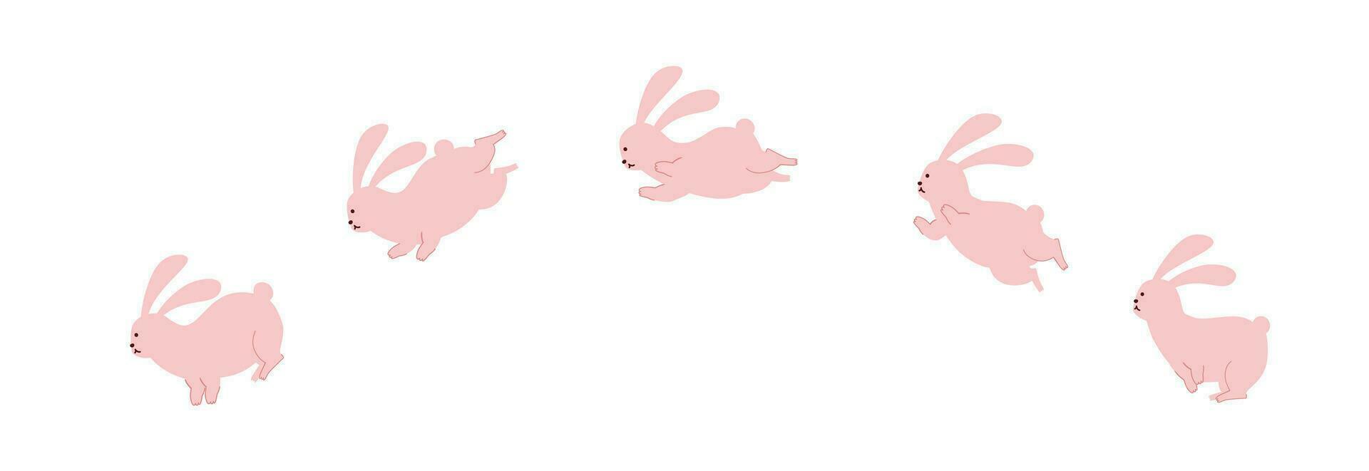 Set of cute pink rabbit jumping cartoon character flat vector illustration isolated on white background. Happy Easter. Cute pastel animal character.