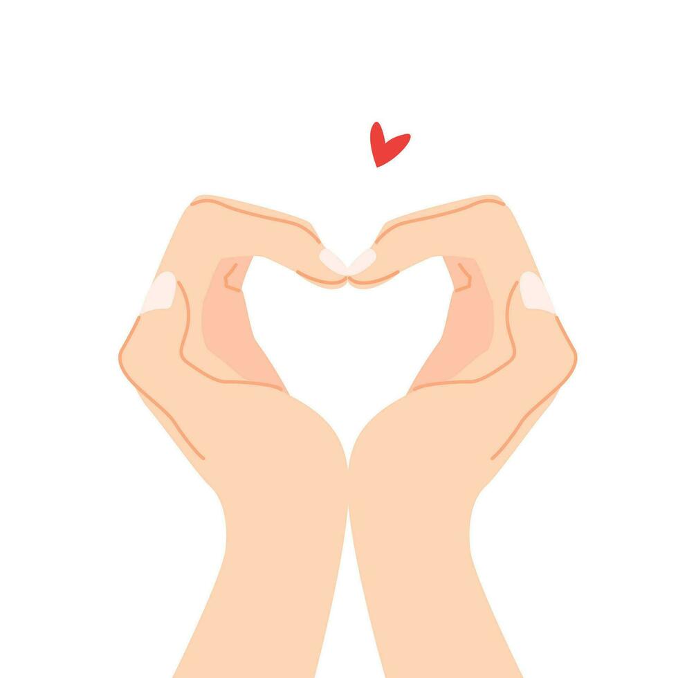 Beautiful hands making a heart shape to express feeling of love cartoon flat vector illustration isolated on white background. Sending romantic feeling with mini heart. Happy Valentine's Day.