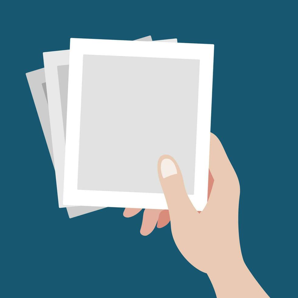 A beautiful hand grabbing three of blank pictures template flat vector illustration. Set of pictures in one hand reminds lots of memories isolated background.