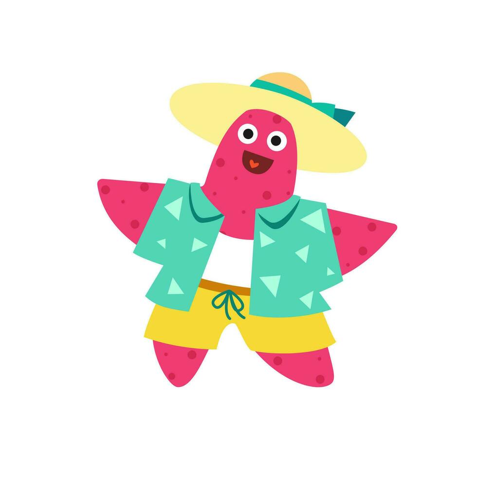 A cute happy starfish cartoon character for children scrapbook decorating isolated flat vector illustration. Hello sumretime. Happy vacation on the beach.