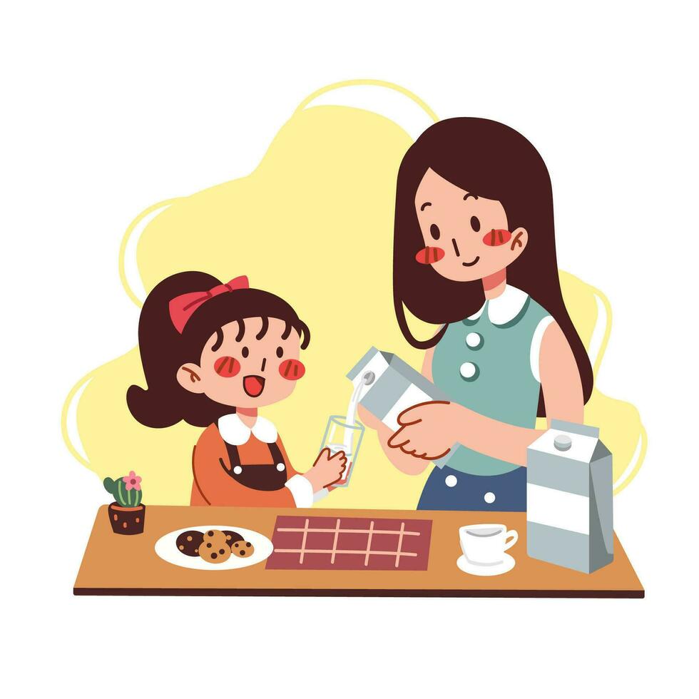 Happy Mother's Day and Milk Day flat vector illustration. Cute littlegirl and mom drinking milk together for health. Family time being together at home.