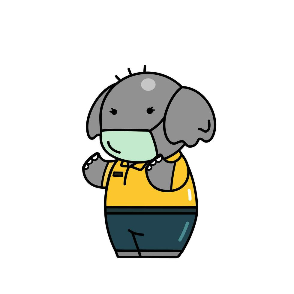 A cute elephant wearing sanitary mask prevent coronavirus, flu, dust cartoon character with black outline flat vector illustration isolated on white background.