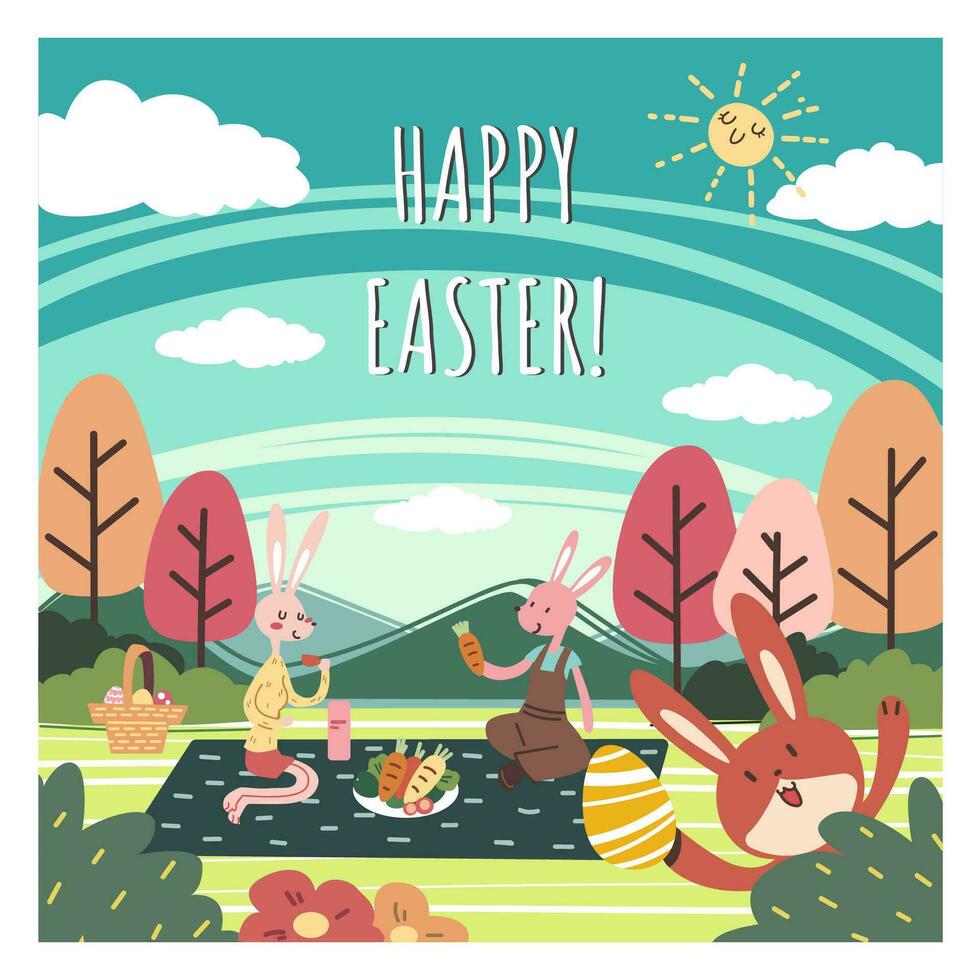 A greeting card of Happy Easter with a group of bunnies celebrate Easter Day together at the forest in sunny day and Happy Easter calligraphy at the center flat vector illustration.