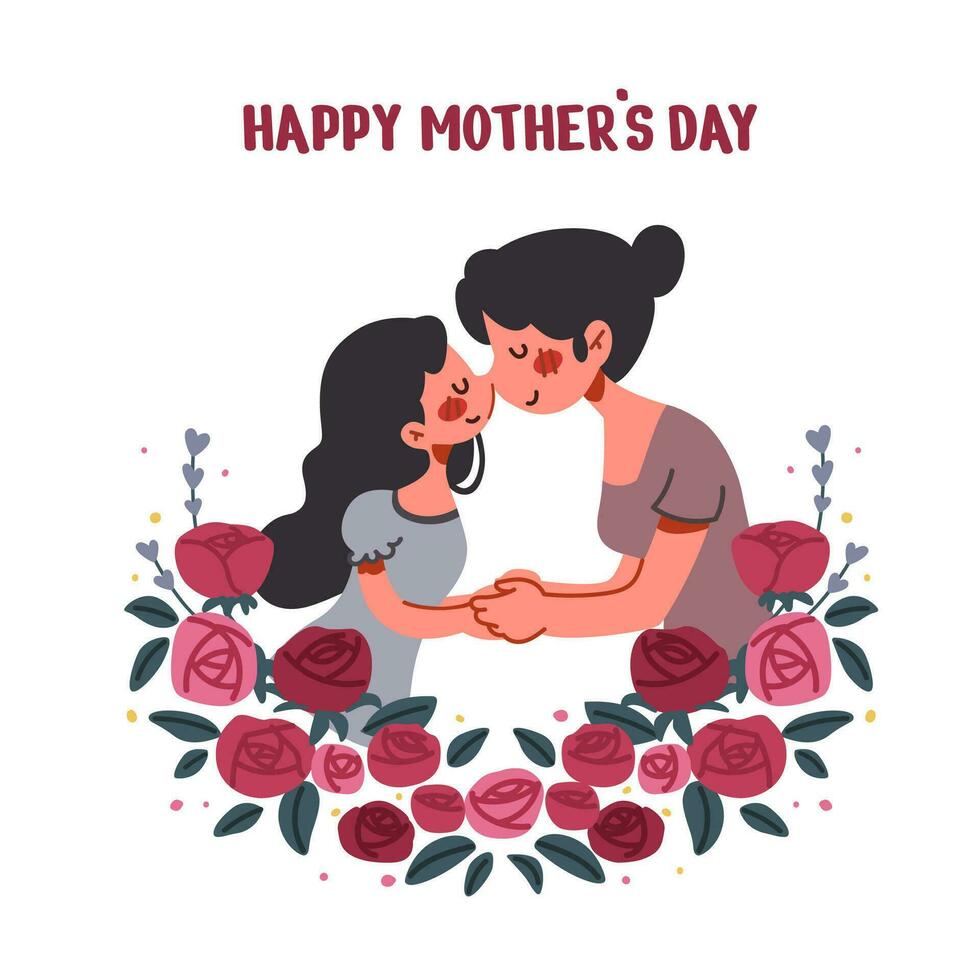 Happy Mother's Day flat vector illustration on white background. Cute little daughter and mom smiling and hugging. Family time being together with floral decoration