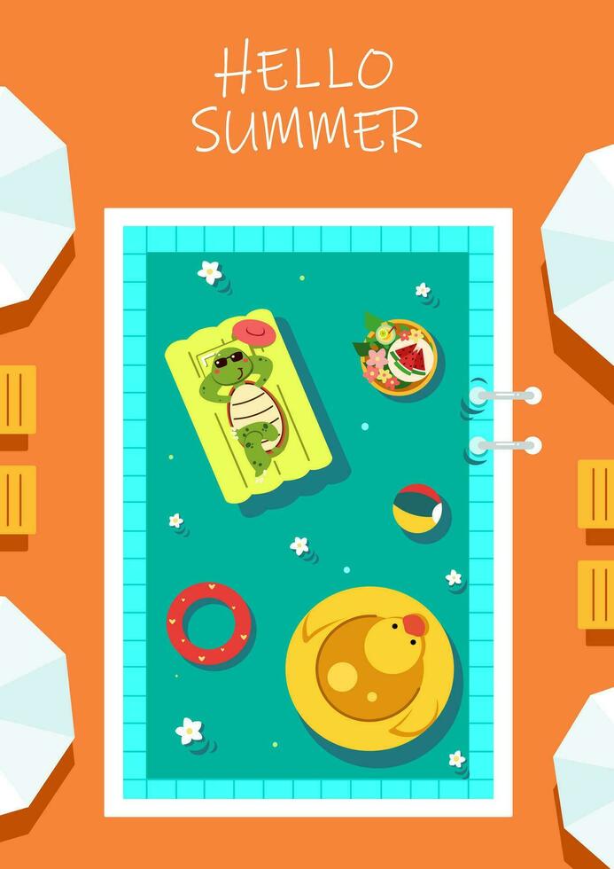 A cute tortoise with sunglasses relaxing at swimming pool in summer cartoon character flat vector illustration. Chilling alone in hot season. Having fun vacation. Happy summertime.