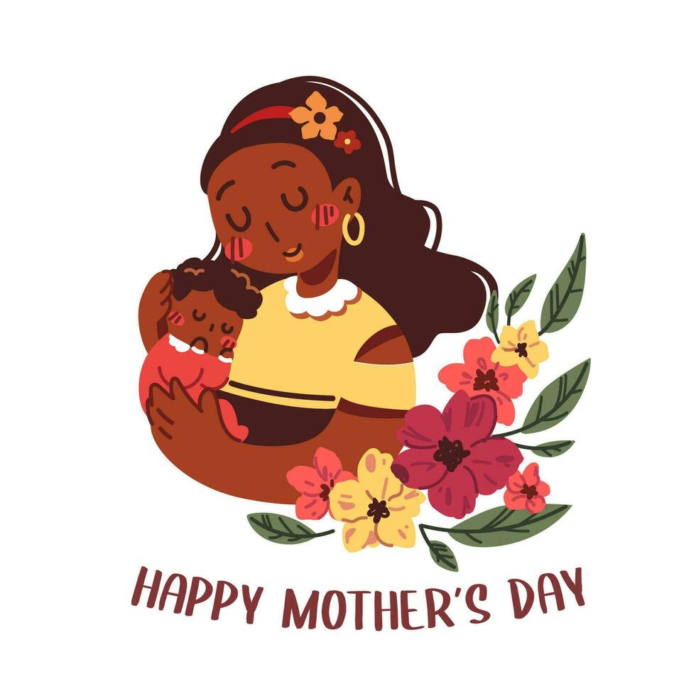 Happy Mother's Day flat vector illustration on white background. Cute little daughter and mom smiling and hugging. Family time being together with floral decoration