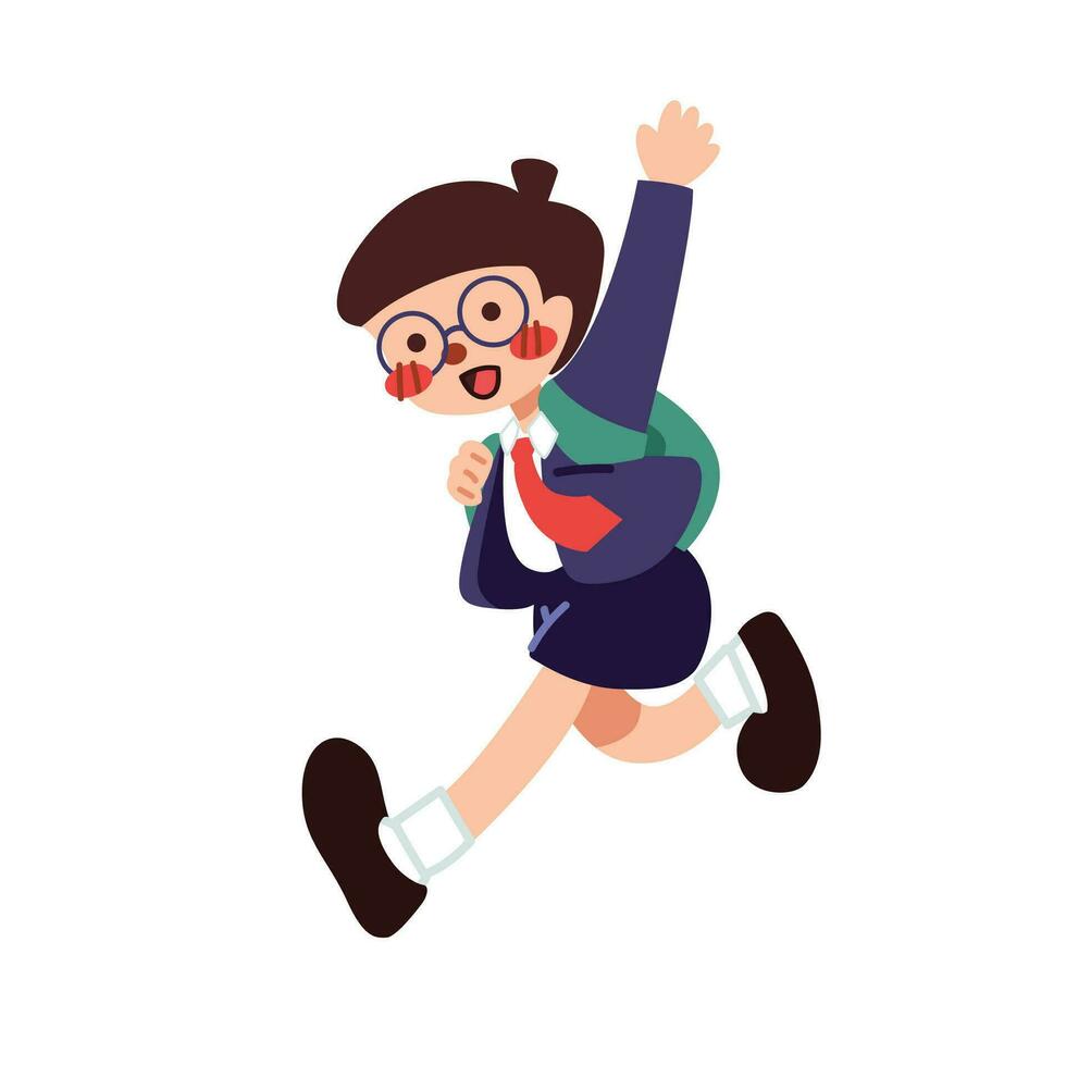 A cute boy walking to school with school uniform white isolated background flat vector illustration. Welcome back to school concept.