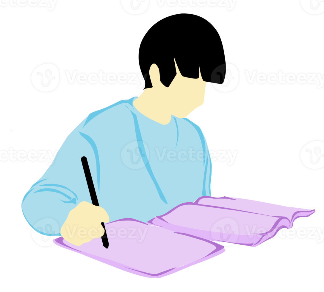 Illustration of a design flat of a boy studying. Perfect for poster elements, presentations, children's books, textbooks png