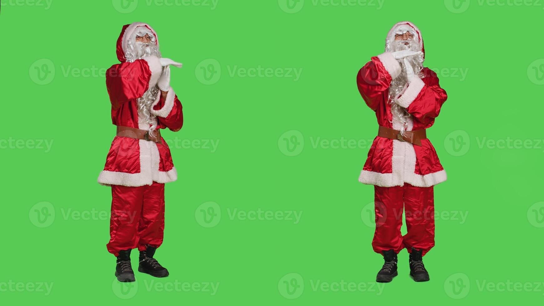 Saint nick feeling exhausted in studio, showing timeout symbol to express burnout while he is overworked. Winter festive character in red costume being tired, rejecting work on greenscreen. photo