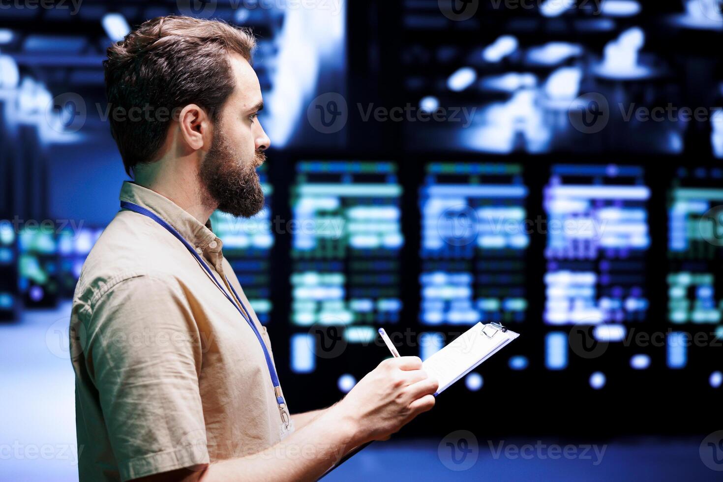 Skilled domputer scientist setting up server hub advanced firewalls, intrusion detection systems and security updates. Precise cybersecurity expert preventing hacking, malware, and phishing attacks photo