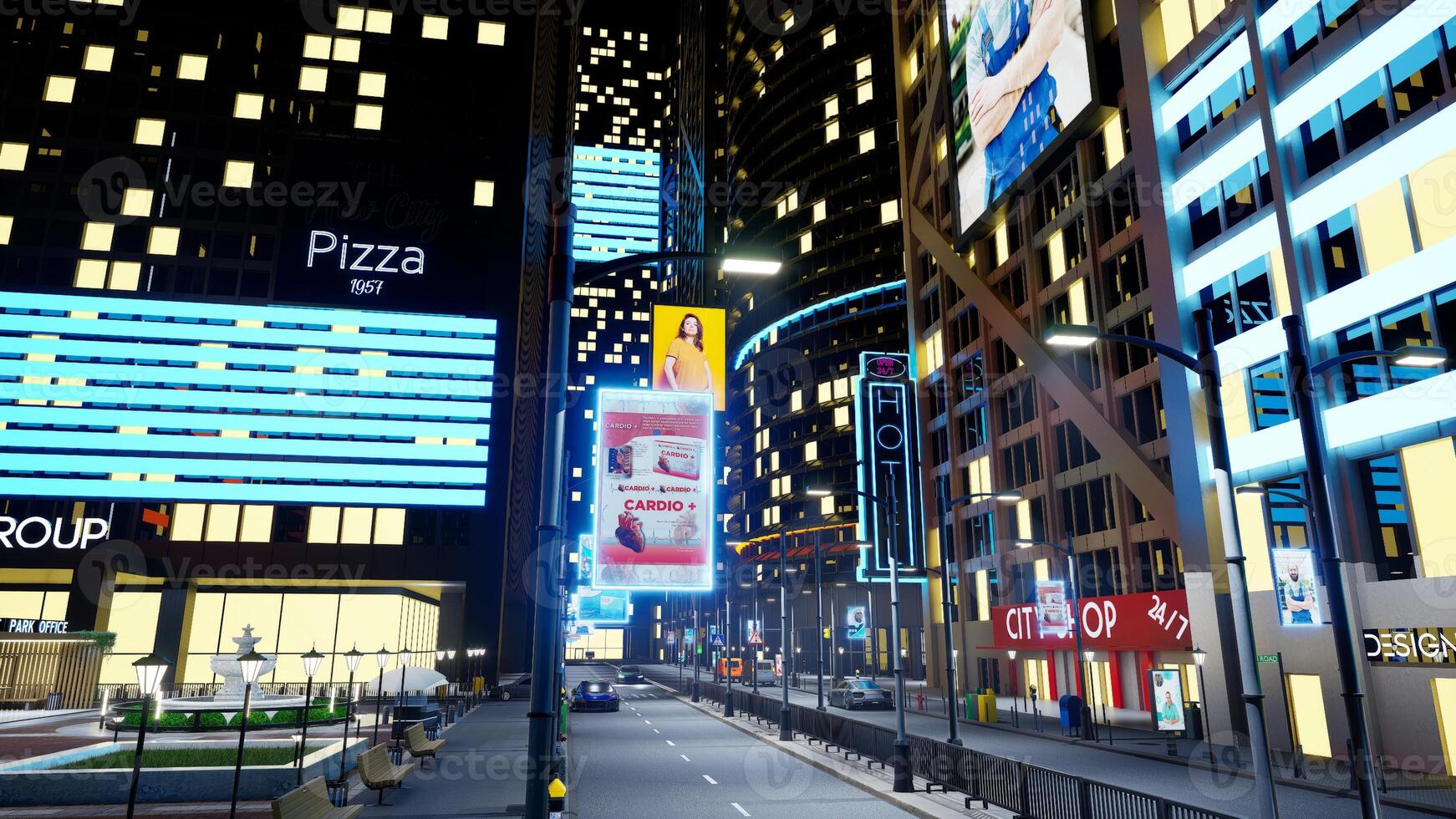 Nighttime downtown city avenues with vehicles driving past skyscrapers. Empty metropolitan town with streets illuminated by medical outdoor billboard ads and lamp posts, 3d render animation photo