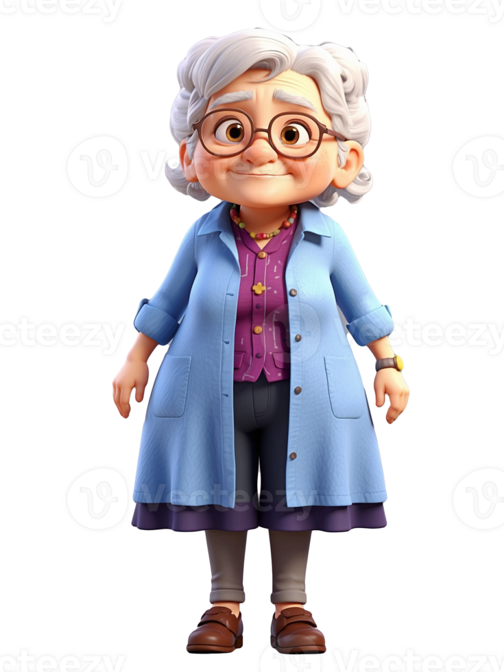 AI generated Grandmother cartoon 3d illustration character transparent background. png