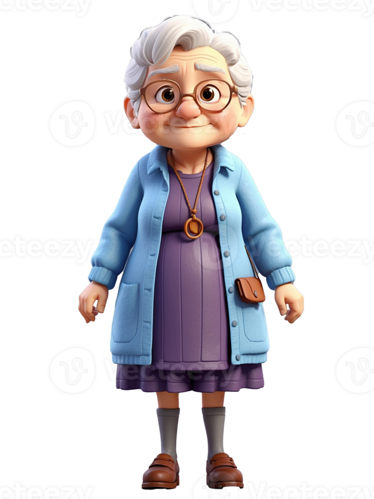 AI generated Grandmother cartoon 3d illustration character transparent background. png