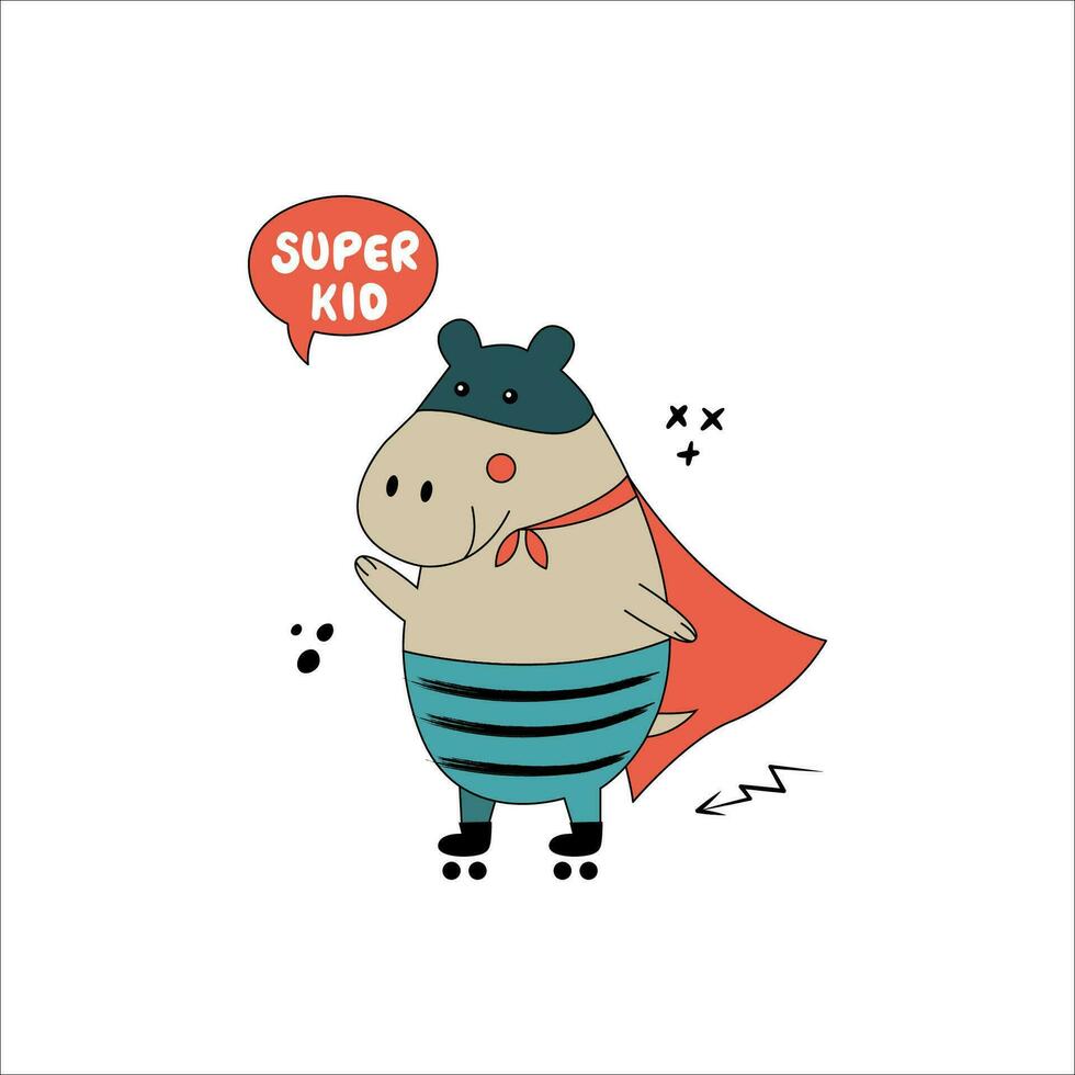 Hippo on rollers and in funny comic costumes. vector