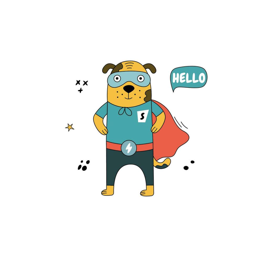 Hand-drawn superhero dog in comic costume. vector