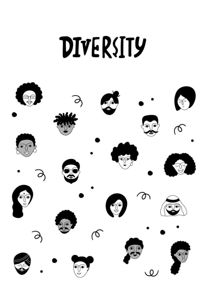 Social Variety and Diversity. People faces different nationalities vector