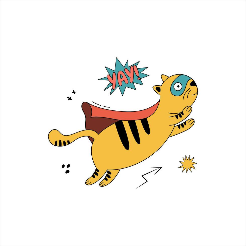 A cute cat in a comic costume flies in the air. vector