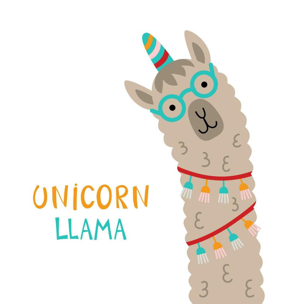 Cute llama faces with UNICORN LLAMA phrase. vector