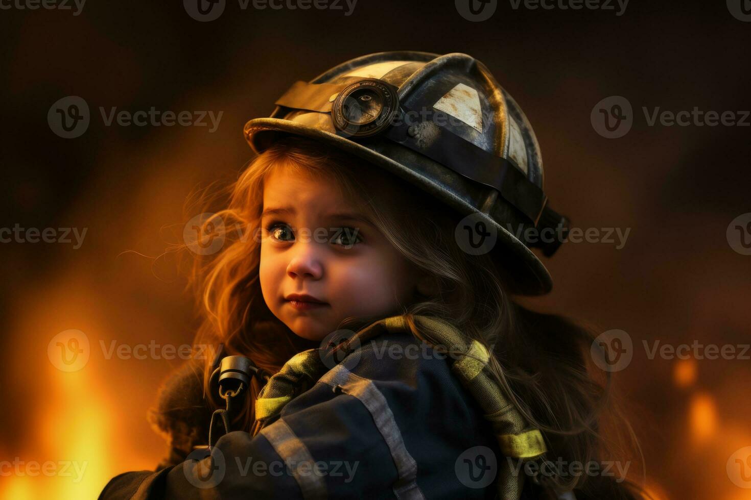 AI generated Young Child in Firefighter Helmet With Fiery Background photo