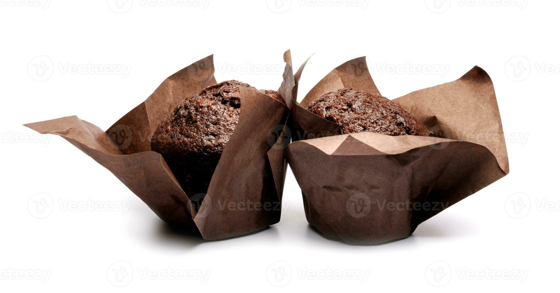 Two chocolate muffins isolated on a white background . Muffin with chocolate chips. photo